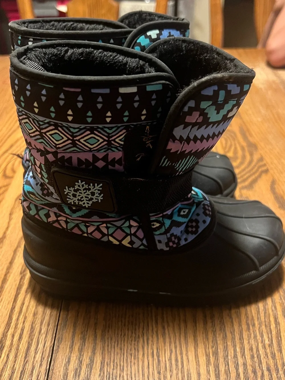 Place Black Kids Snow Boots with Pastel Teal and Lavender Aztec Print